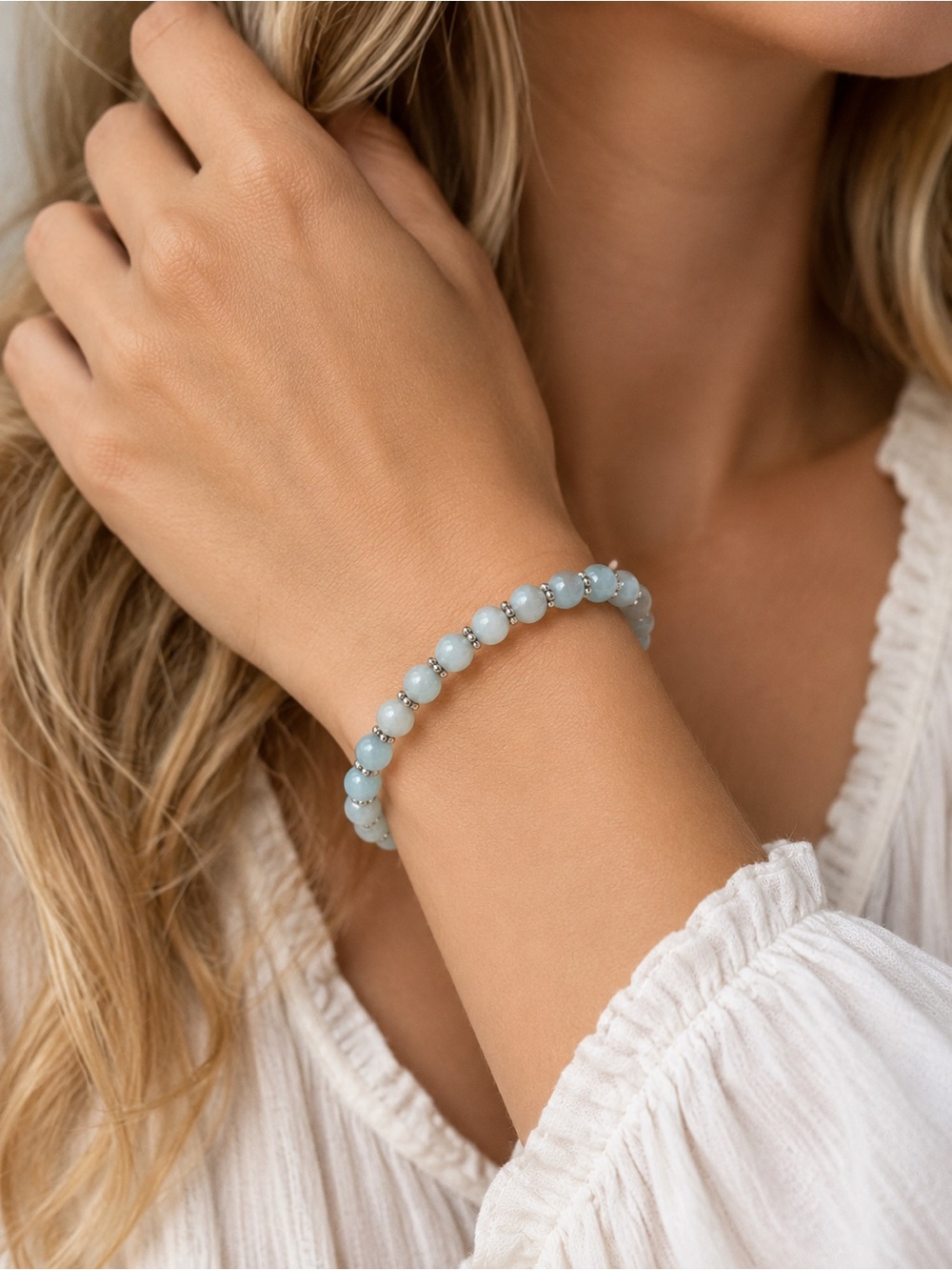 Aquamarine Gemstone Silver Spacer Stretch Bracelet